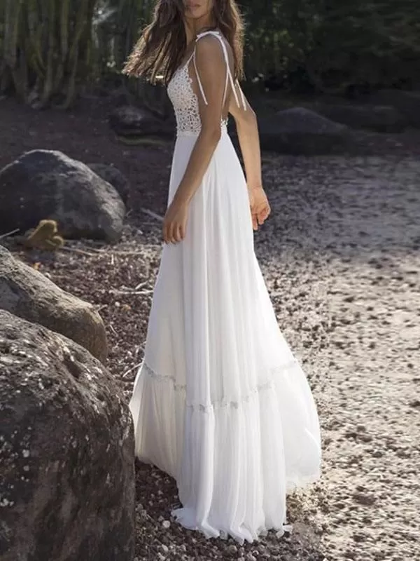 Boho Wedding Dresses 2021 Chiffon V Neck A Line Straps Sleeveless Bows Lace Bridal Gowns Ruffle Hem Bridal Dress For Beach Wedding