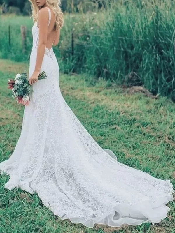 Boho Wedding Dresses Mermaid V Neck Sleeveless Lace Beach Bridal Dress With Train