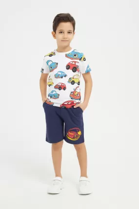 Boy Orange And White Car Print Piece T-Shirt And Shorts Set (3 Piece)