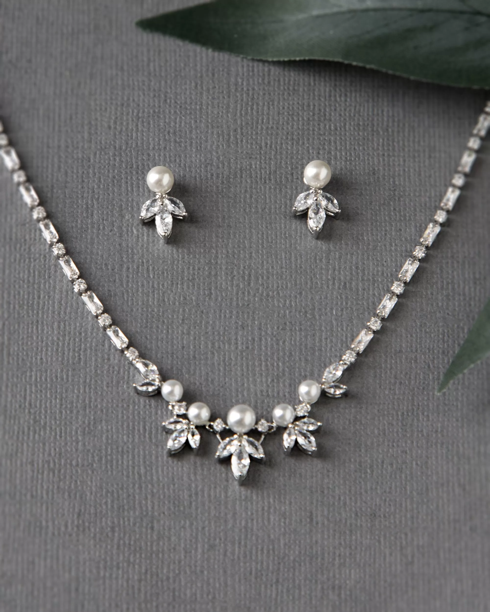 Bridal Necklace Set of Baguette CZ and Pearls