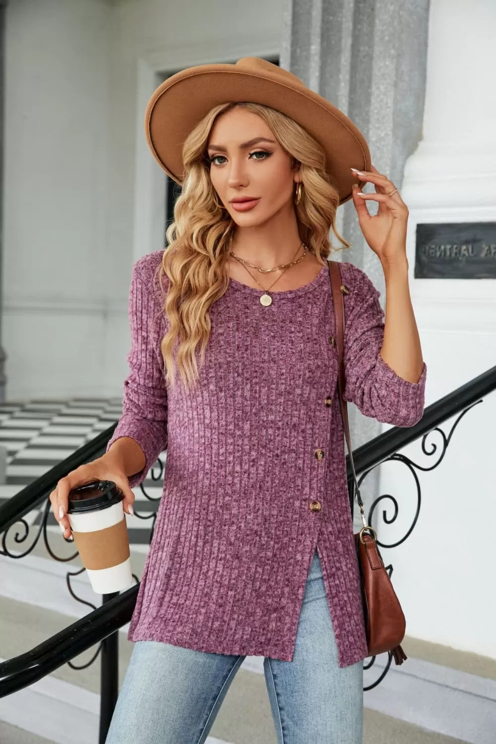 Buttoned Long Sleeve Slit Top