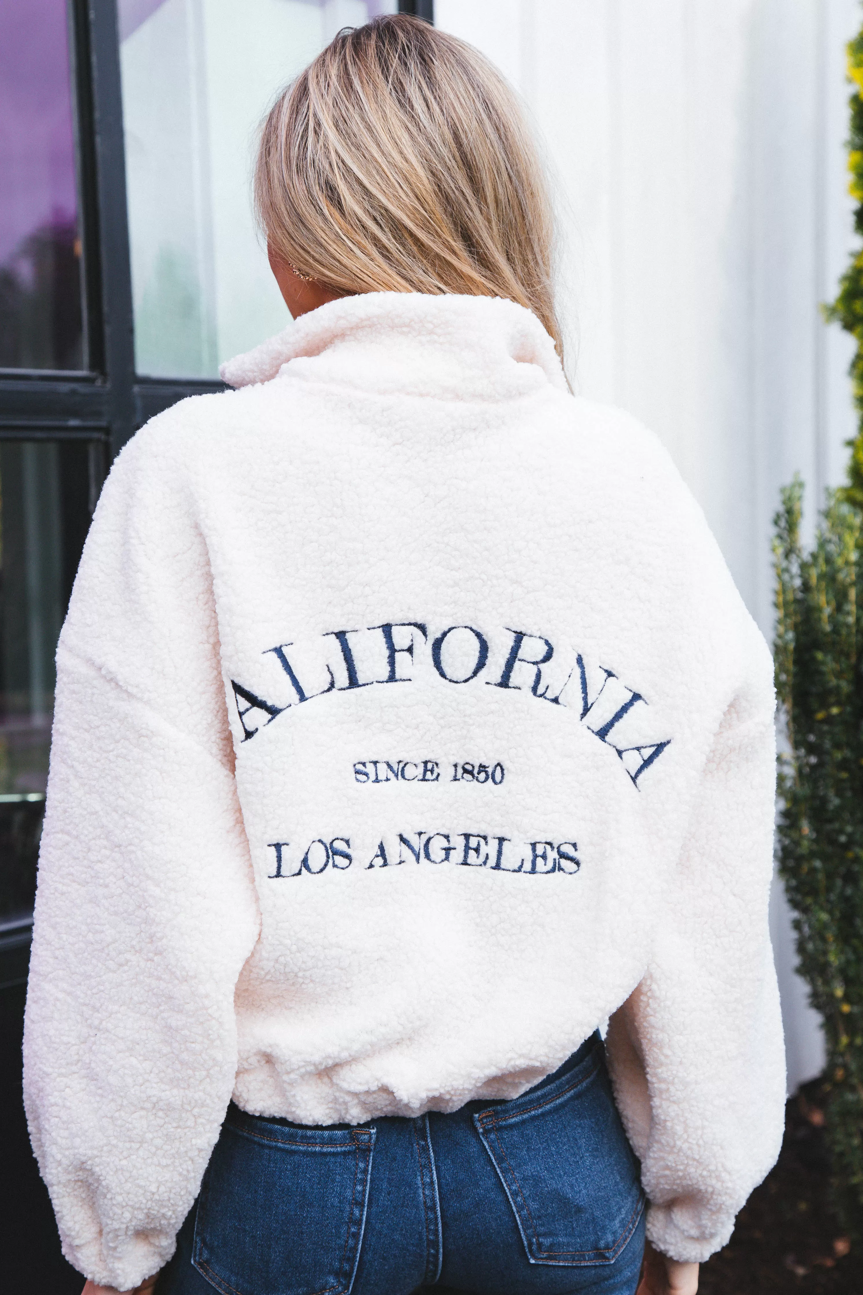 California Embroidered Quarter Zip Fleece, Cream