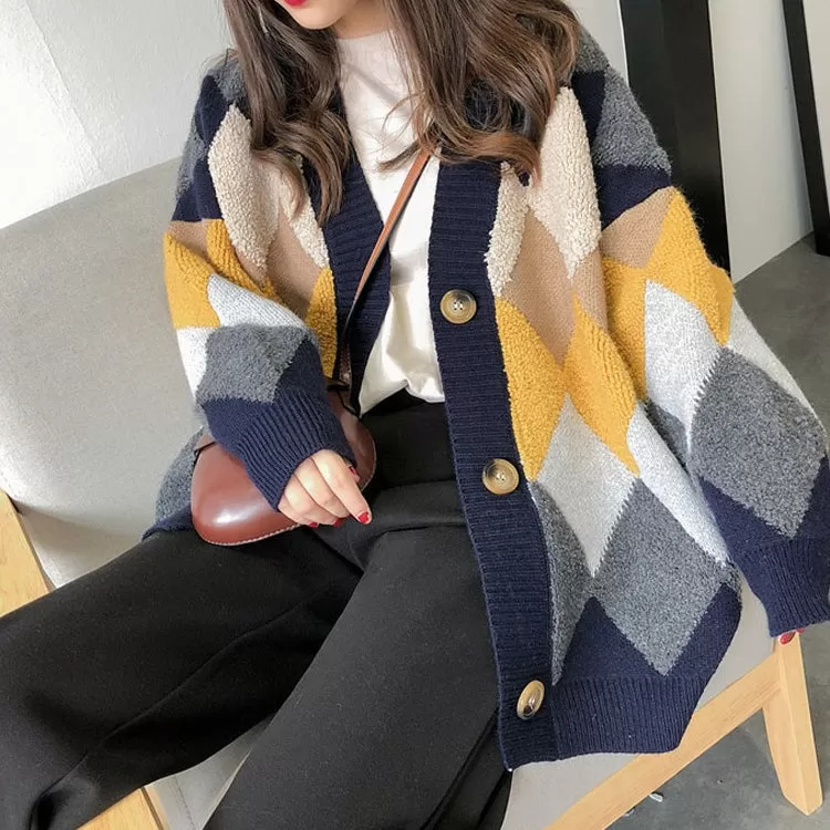 Casual V-neck Argyle Cardigans Womens Girls Korean England K-pop Style Winter Cozy Warm Loose fit Sweaters Tops Knit