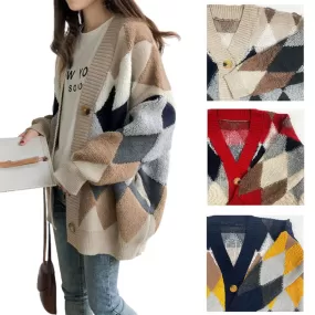 Casual V-neck Argyle Cardigans Womens Girls Korean England K-pop Style Winter Cozy Warm Loose fit Sweaters Tops Knit