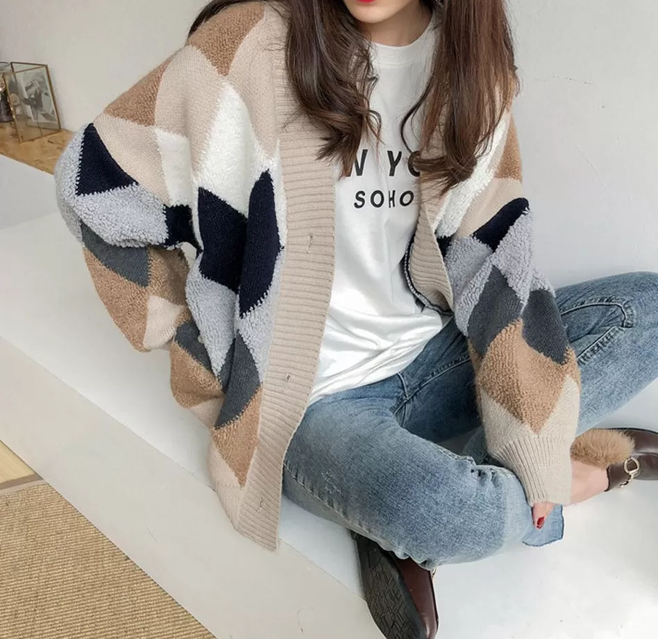 Casual V-neck Argyle Cardigans Womens Girls Korean England K-pop Style Winter Cozy Warm Loose fit Sweaters Tops Knit