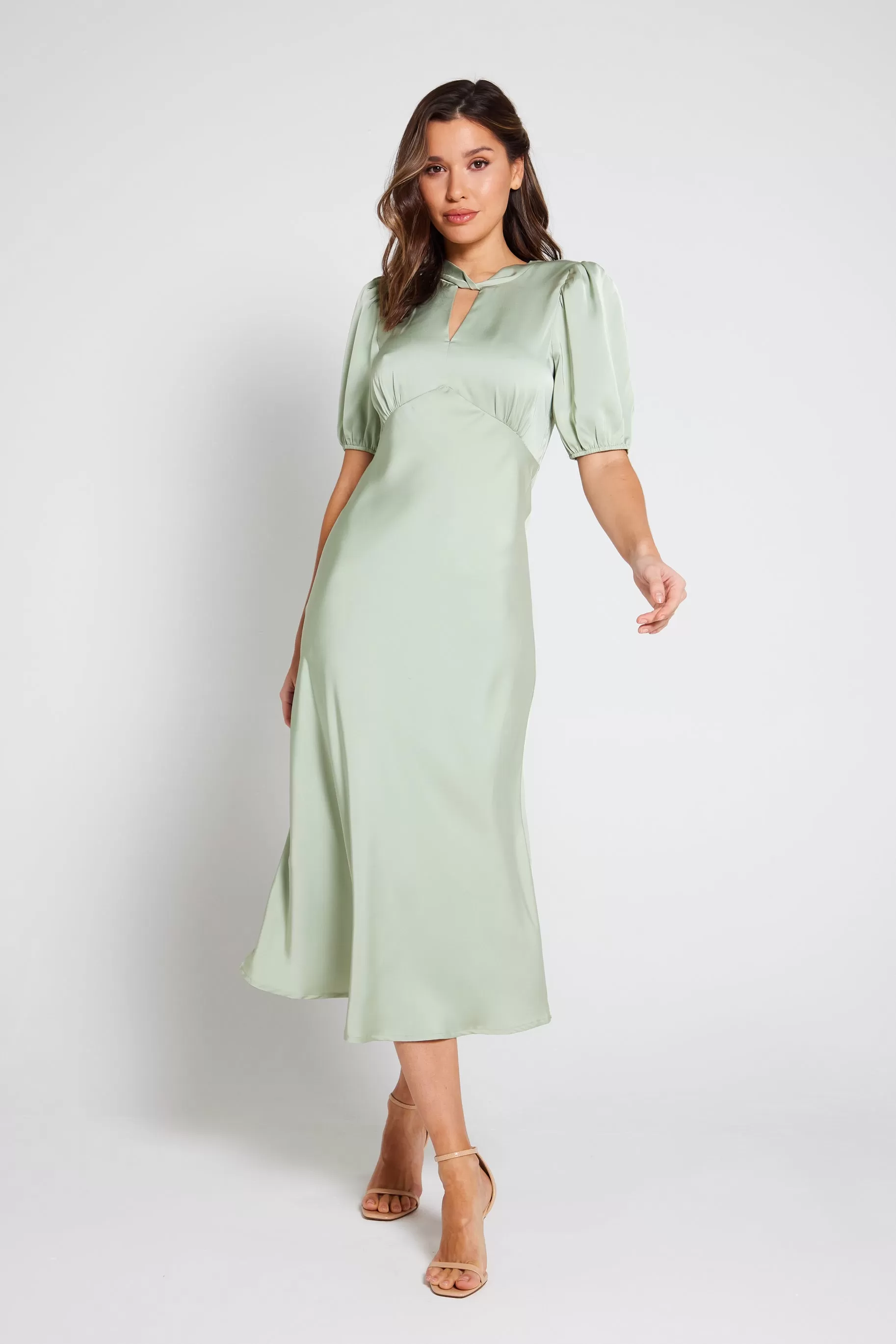 Celia Twist Neck Satin Slip Dress - Sage Green