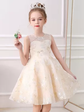 Champagne Floral Embroidered Flower Girl Dresses Short Sleeves Formal Little Pageant Dresses