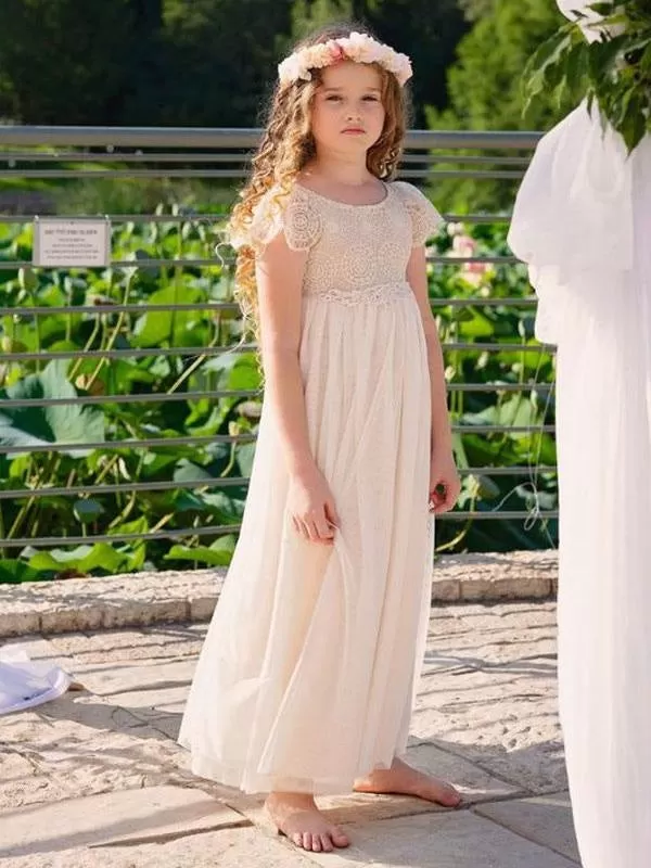 Champagne Short Sleeves Lace Flower Girl Dresses Jewel Neck Formal Kids Pageant Dresses