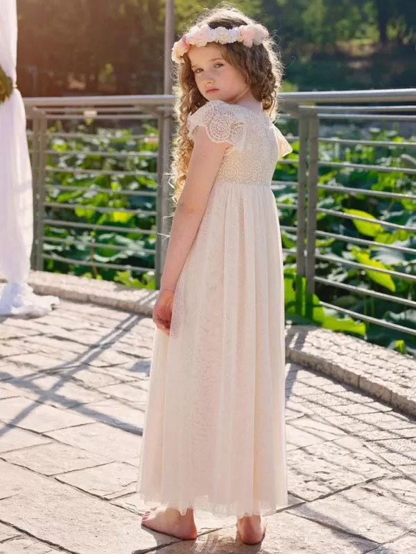 Champagne Short Sleeves Lace Flower Girl Dresses Jewel Neck Formal Kids Pageant Dresses