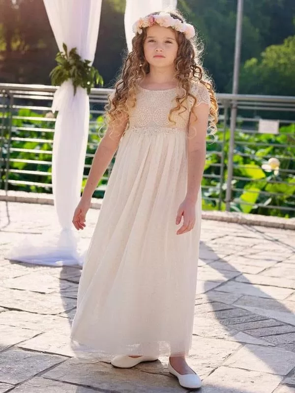 Champagne Short Sleeves Lace Flower Girl Dresses Jewel Neck Formal Kids Pageant Dresses