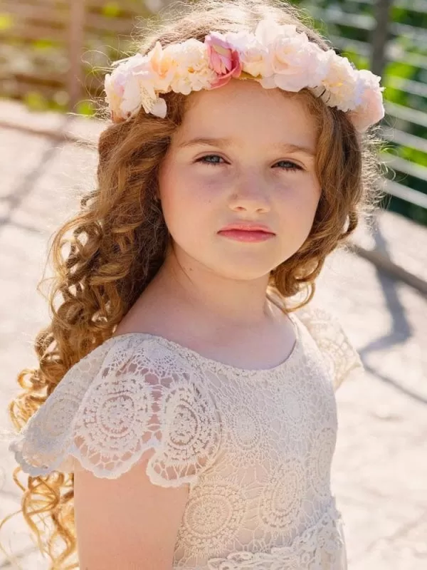 Champagne Short Sleeves Lace Flower Girl Dresses Jewel Neck Formal Kids Pageant Dresses