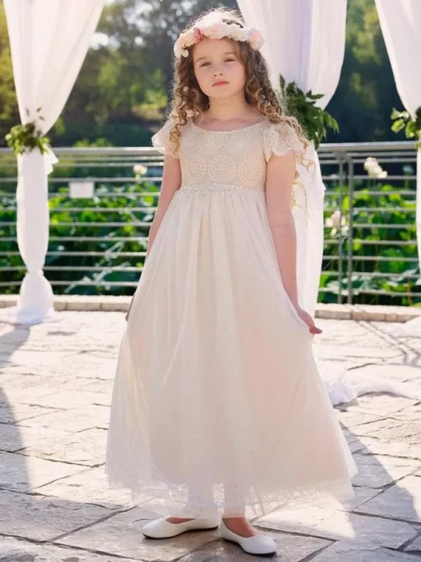 Champagne Short Sleeves Lace Flower Girl Dresses Jewel Neck Formal Kids Pageant Dresses