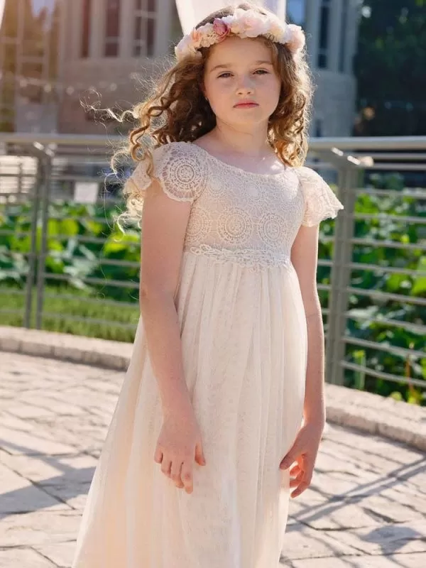 Champagne Short Sleeves Lace Flower Girl Dresses Jewel Neck Formal Kids Pageant Dresses