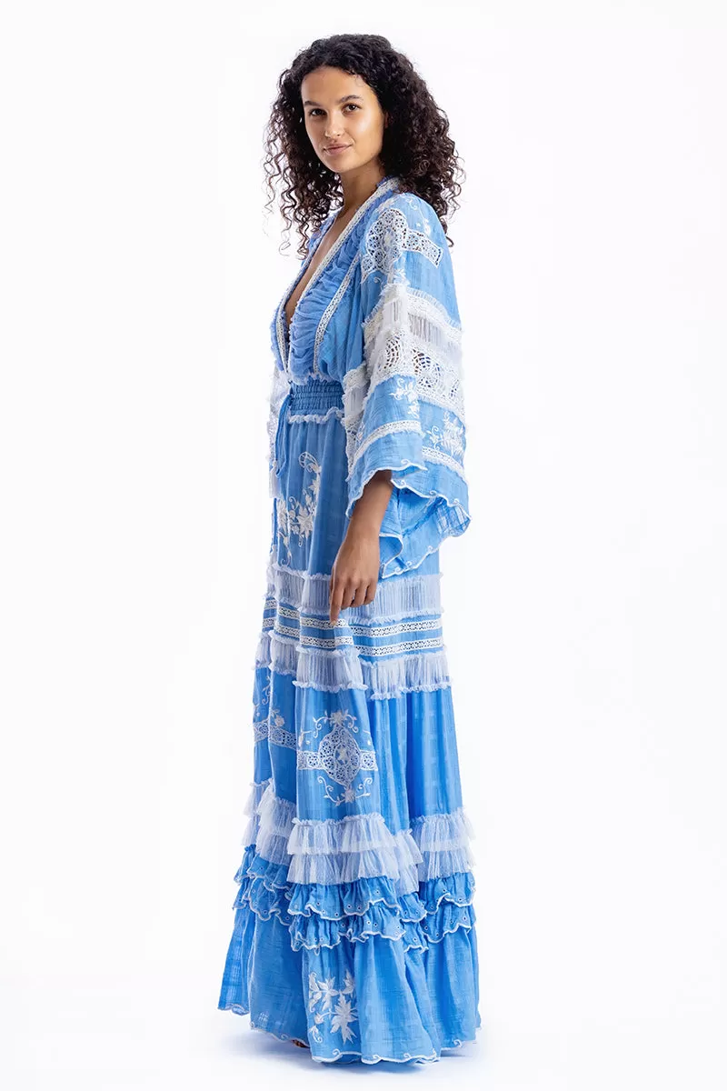 Charm Your Way - Embroidered maxi dress/duster - Rosey Tea in Cornflower Blue