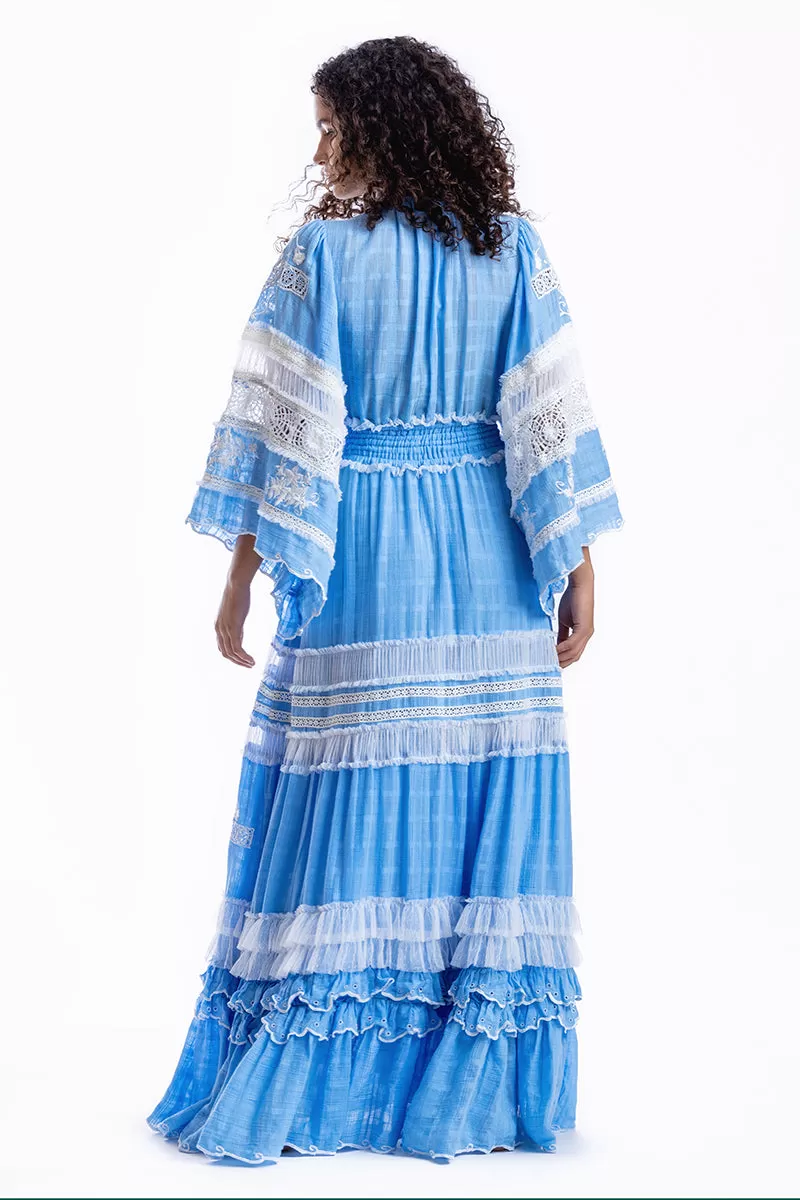 Charm Your Way - Embroidered maxi dress/duster - Rosey Tea in Cornflower Blue