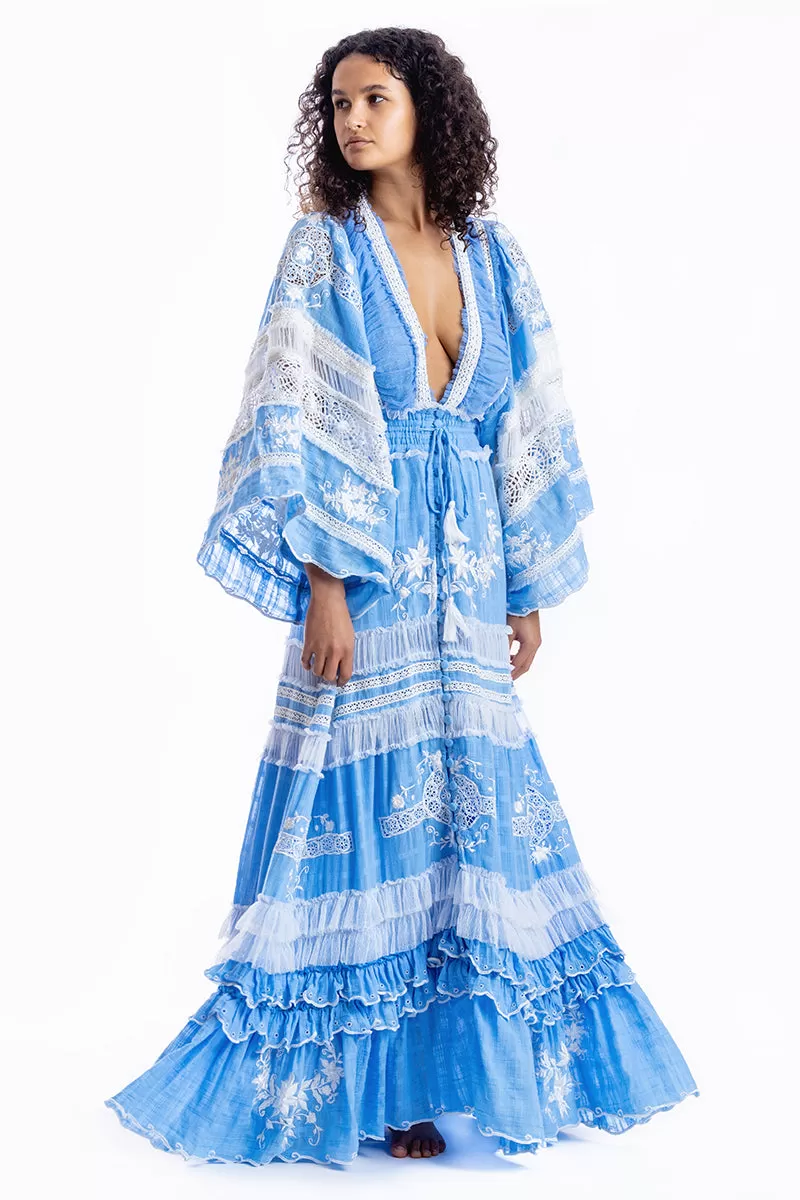 Charm Your Way - Embroidered maxi dress/duster - Rosey Tea in Cornflower Blue