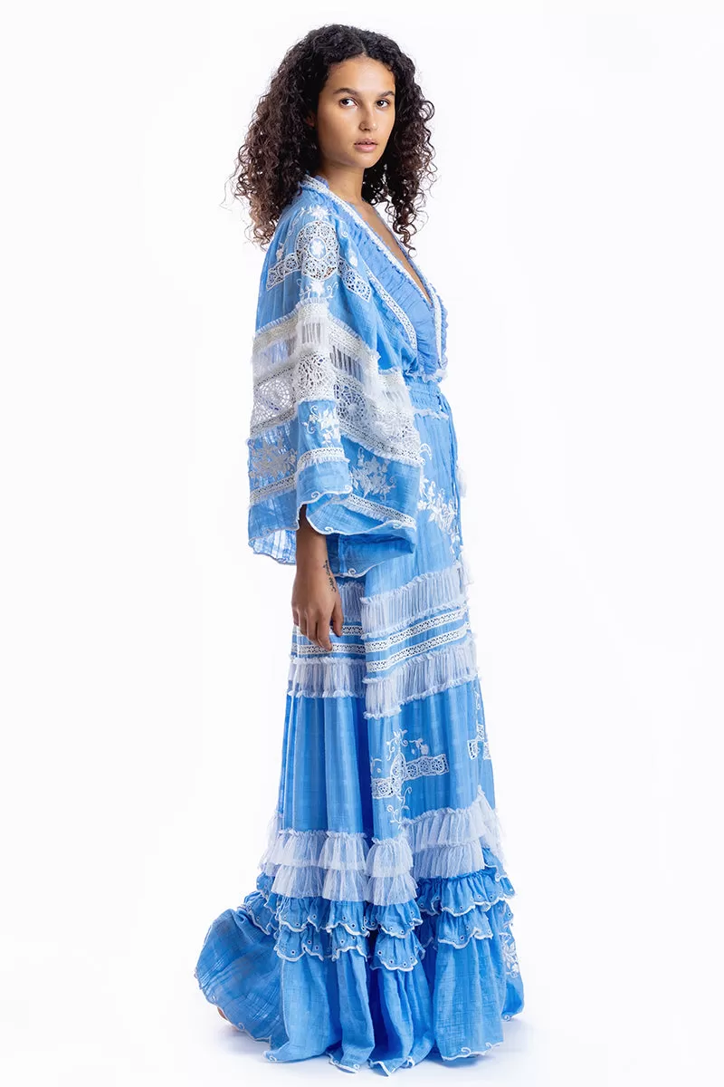 Charm Your Way - Embroidered maxi dress/duster - Rosey Tea in Cornflower Blue