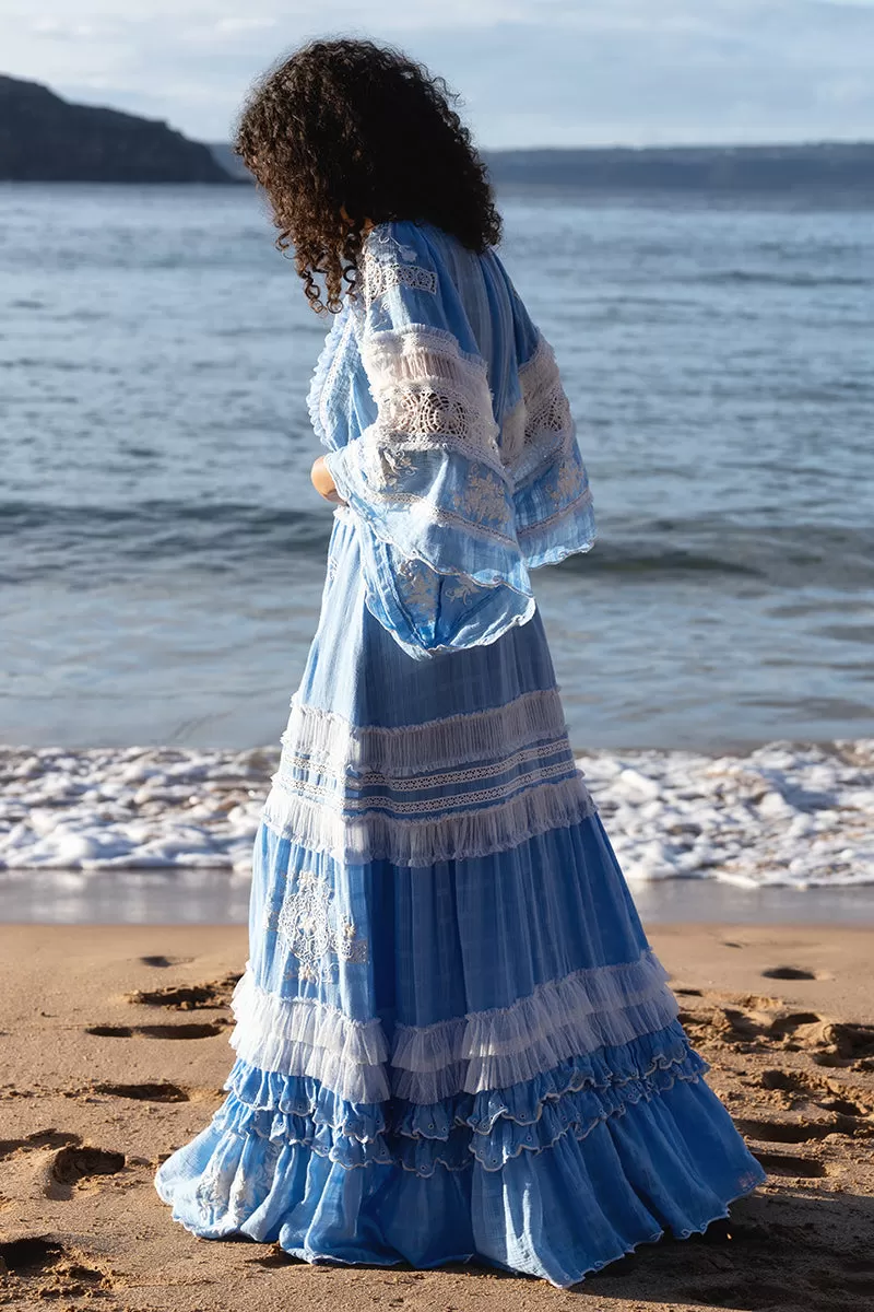 Charm Your Way - Embroidered maxi dress/duster - Rosey Tea in Cornflower Blue