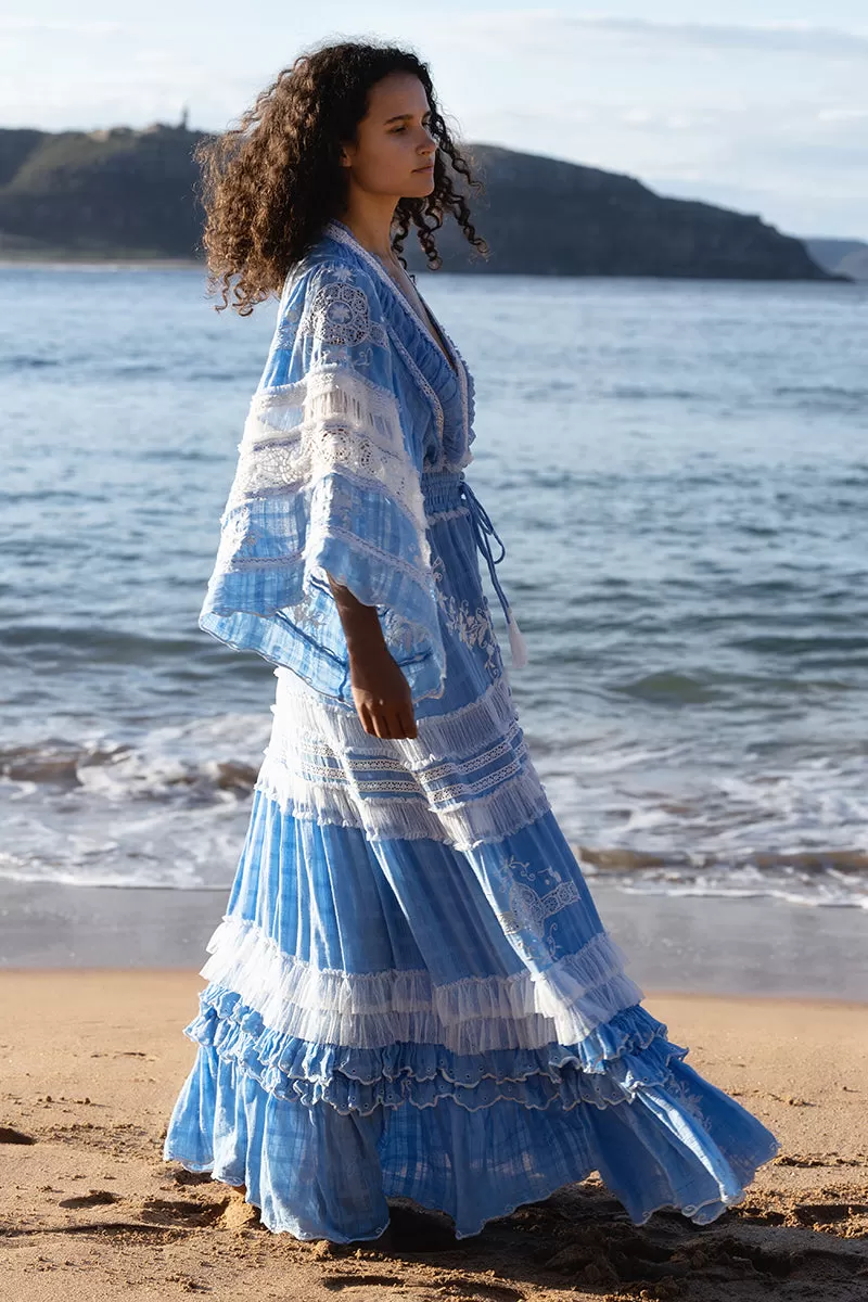 Charm Your Way - Embroidered maxi dress/duster - Rosey Tea in Cornflower Blue