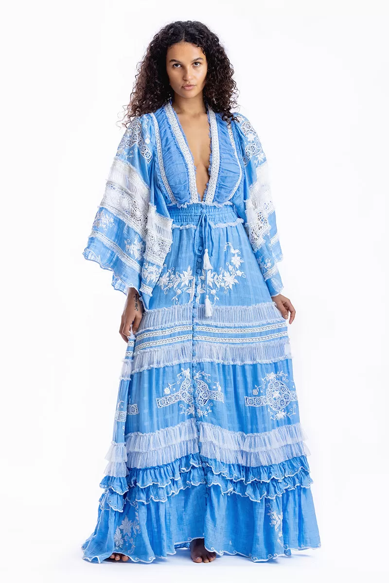 Charm Your Way - Embroidered maxi dress/duster - Rosey Tea in Cornflower Blue