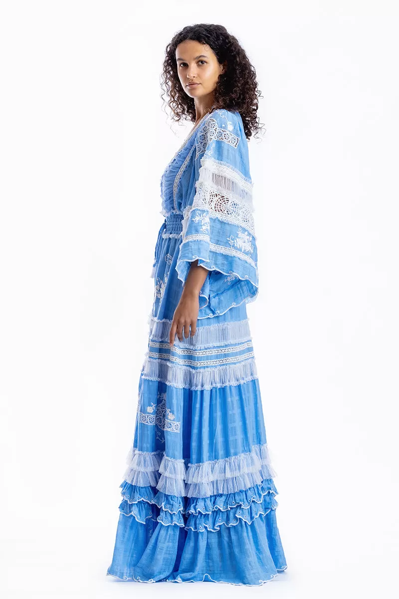 Charm Your Way - Embroidered maxi dress/duster - Rosey Tea in Cornflower Blue