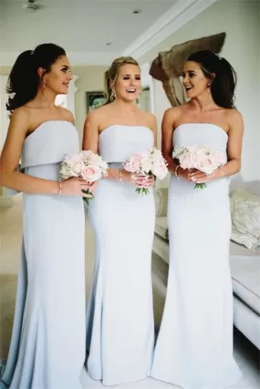 Charming Long Mermaid Light Sky Blue Strapless Elegant Bridesmaid Dresses