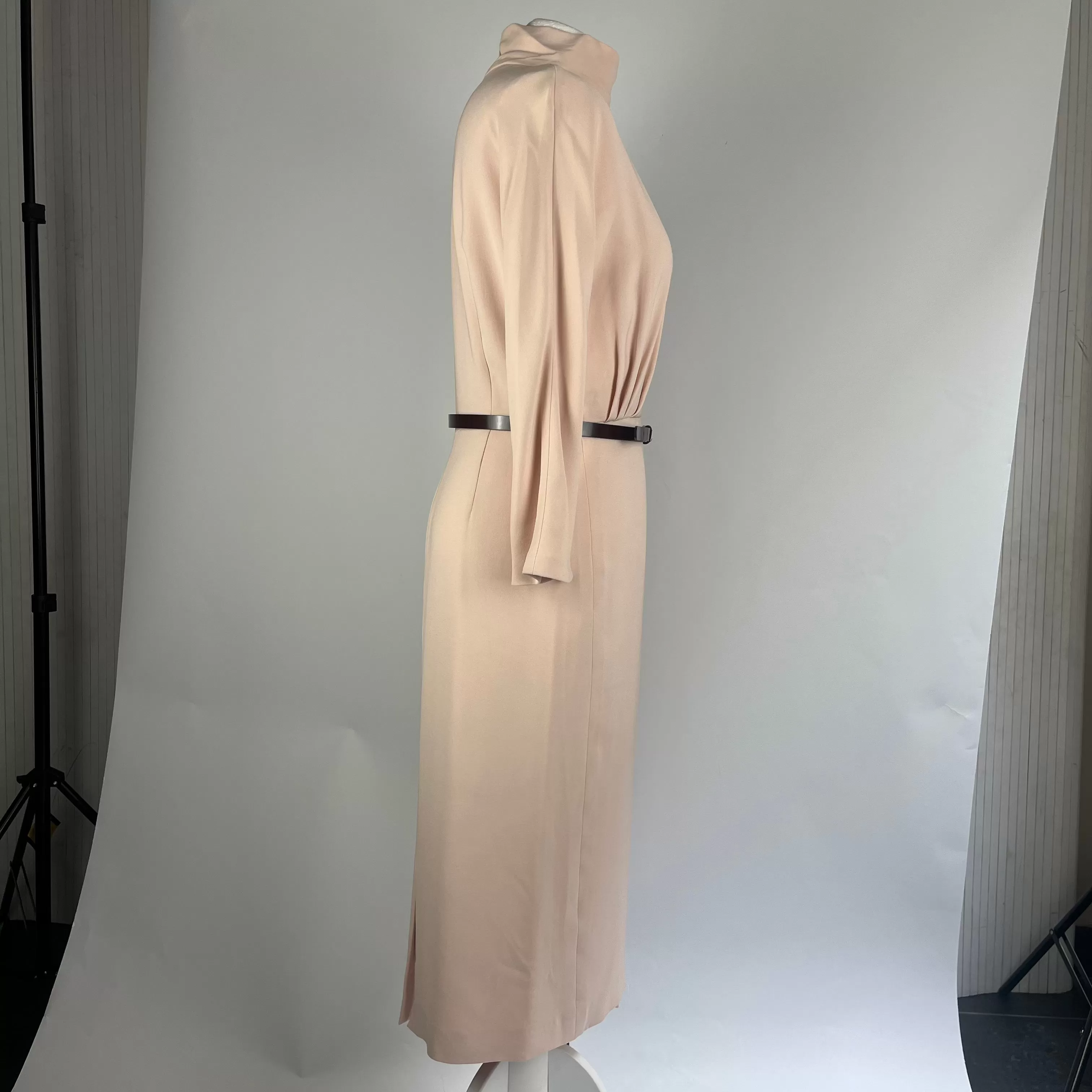 Christian Dior Nude Pink Stretch Silk Belted Midi Dress L