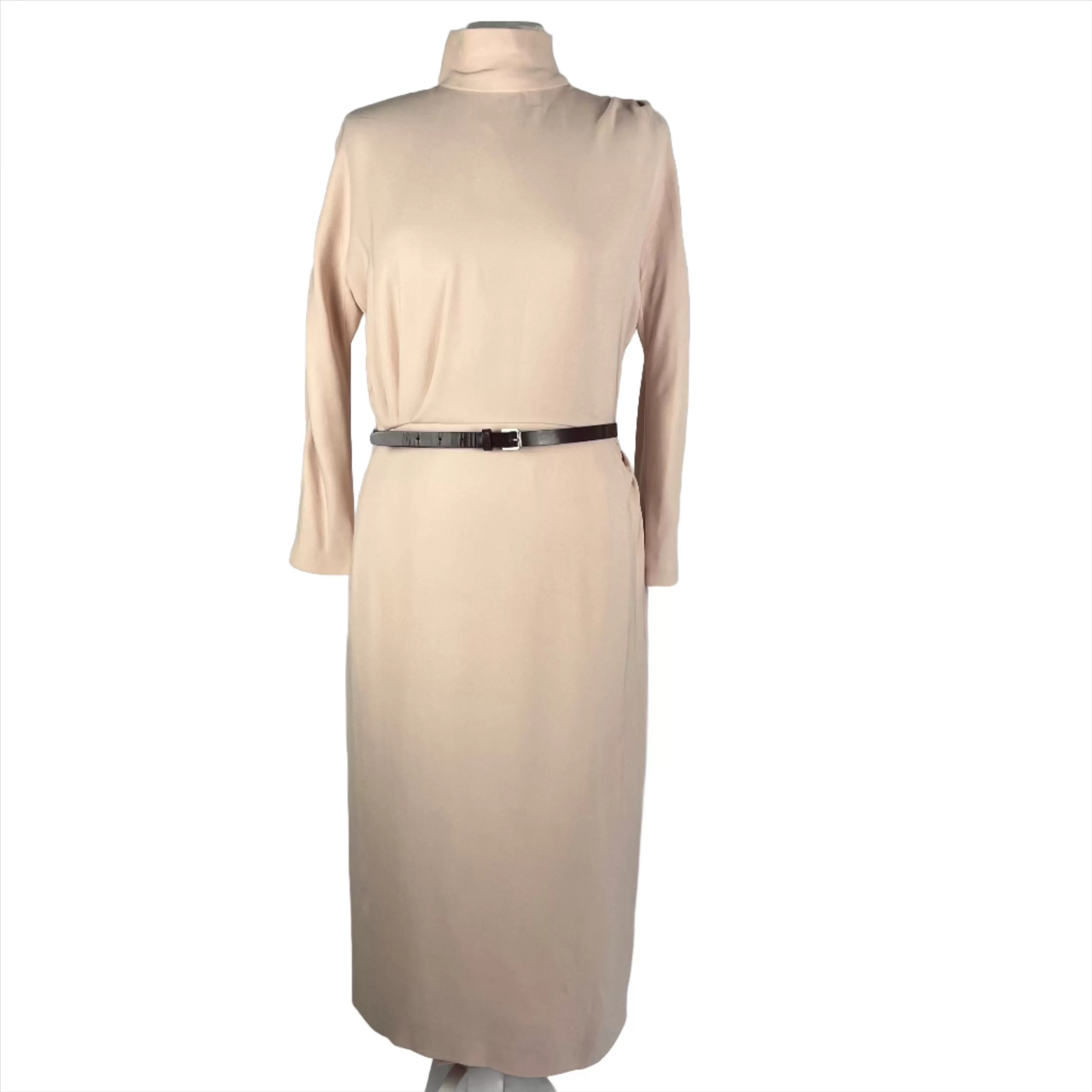 Christian Dior Nude Pink Stretch Silk Belted Midi Dress L