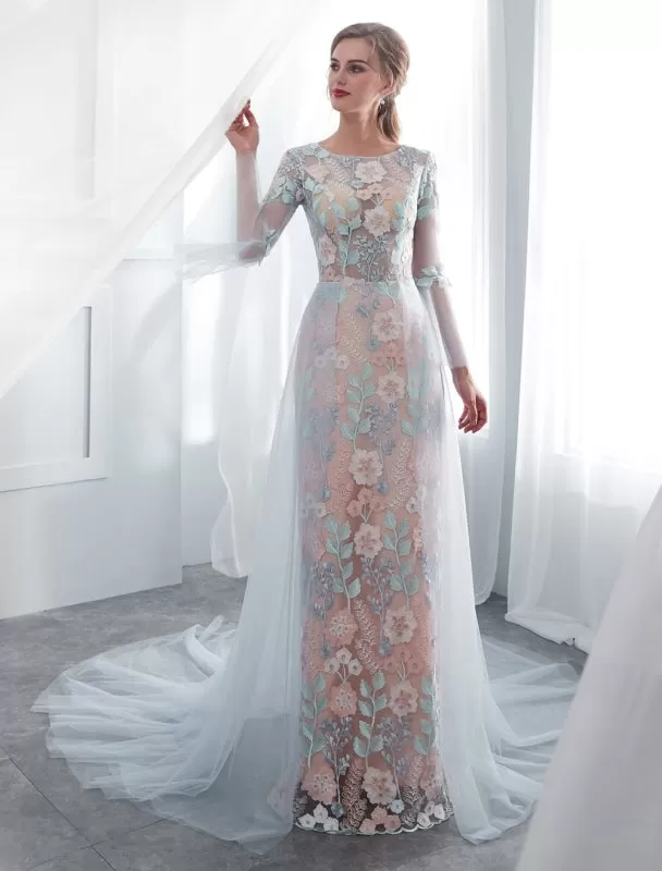 Colored Wedding Dresses Baby Blue Lace Long Sleeve Bridal Dress With Train