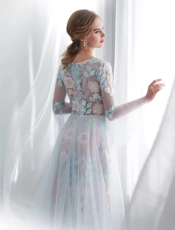 Colored Wedding Dresses Baby Blue Lace Long Sleeve Bridal Dress With Train