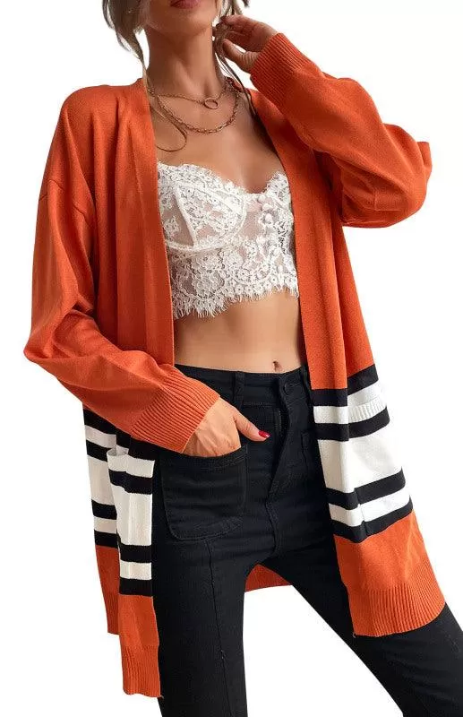 Contrast Stitching Women Cardigan Sweater