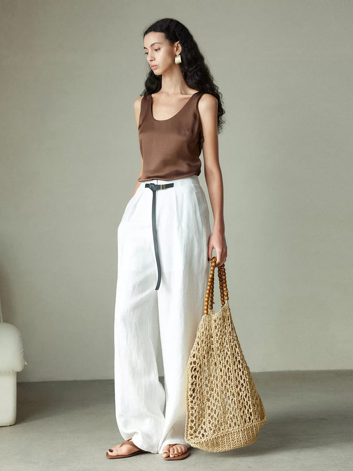 Cotton & Linen Belted Long Pants