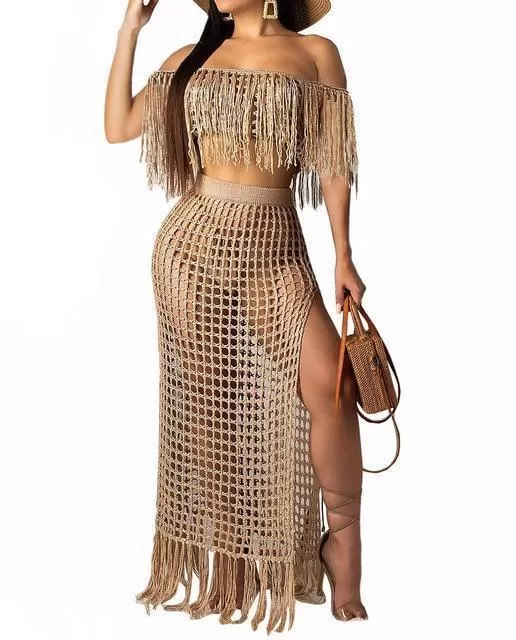 Crochet Tassel Two Piece Beach Cover Ups