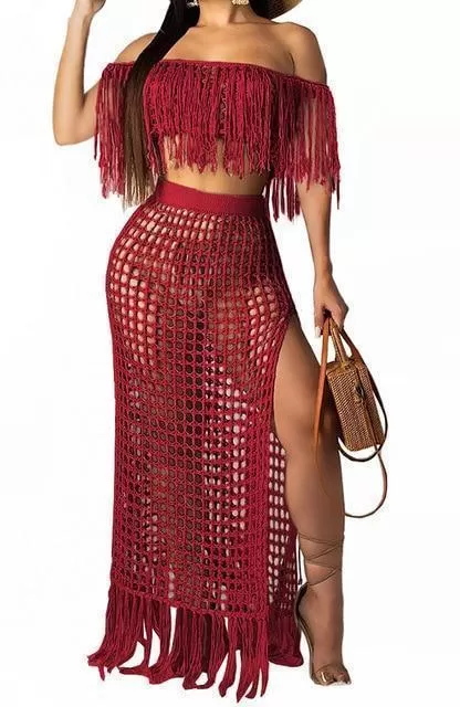 Crochet Tassel Two Piece Beach Cover Ups