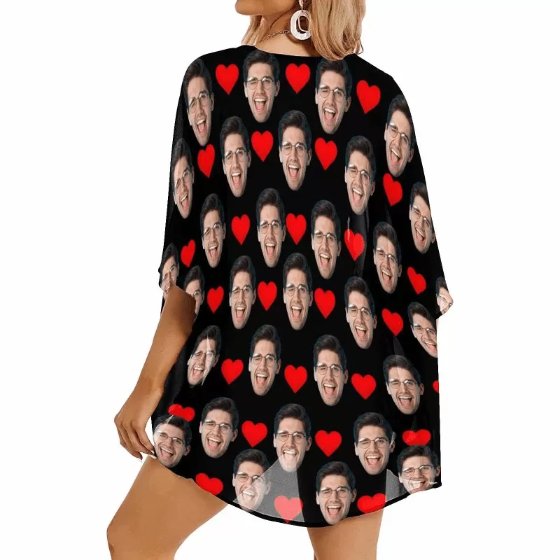 Custom Face Love Heart Black Personalized Women's Kimono Chiffon Cover Up