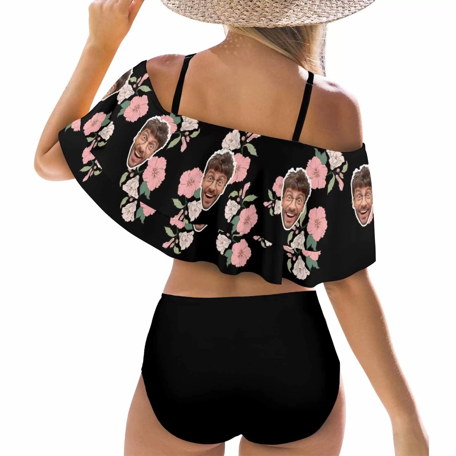 Custom Face Pink And White Flowers Women's Two-Piece Off Shoulder or Sling 2 Ways to Wear Ruffle High Waisted Bikini Set