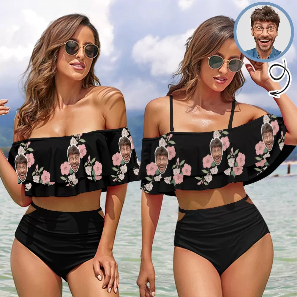 Custom Face Pink And White Flowers Women's Two-Piece Off Shoulder or Sling 2 Ways to Wear Ruffle High Waisted Bikini Set