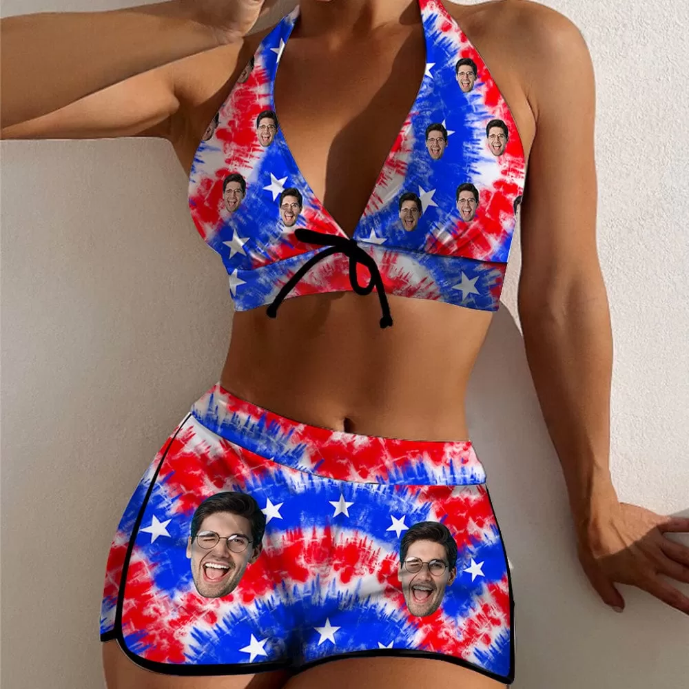 Custom Face Red&Blue American Flag Boyshorts Bikini Set Personalized Halter V Neck Top Athletic Bathing Suit High Waisted Bikini