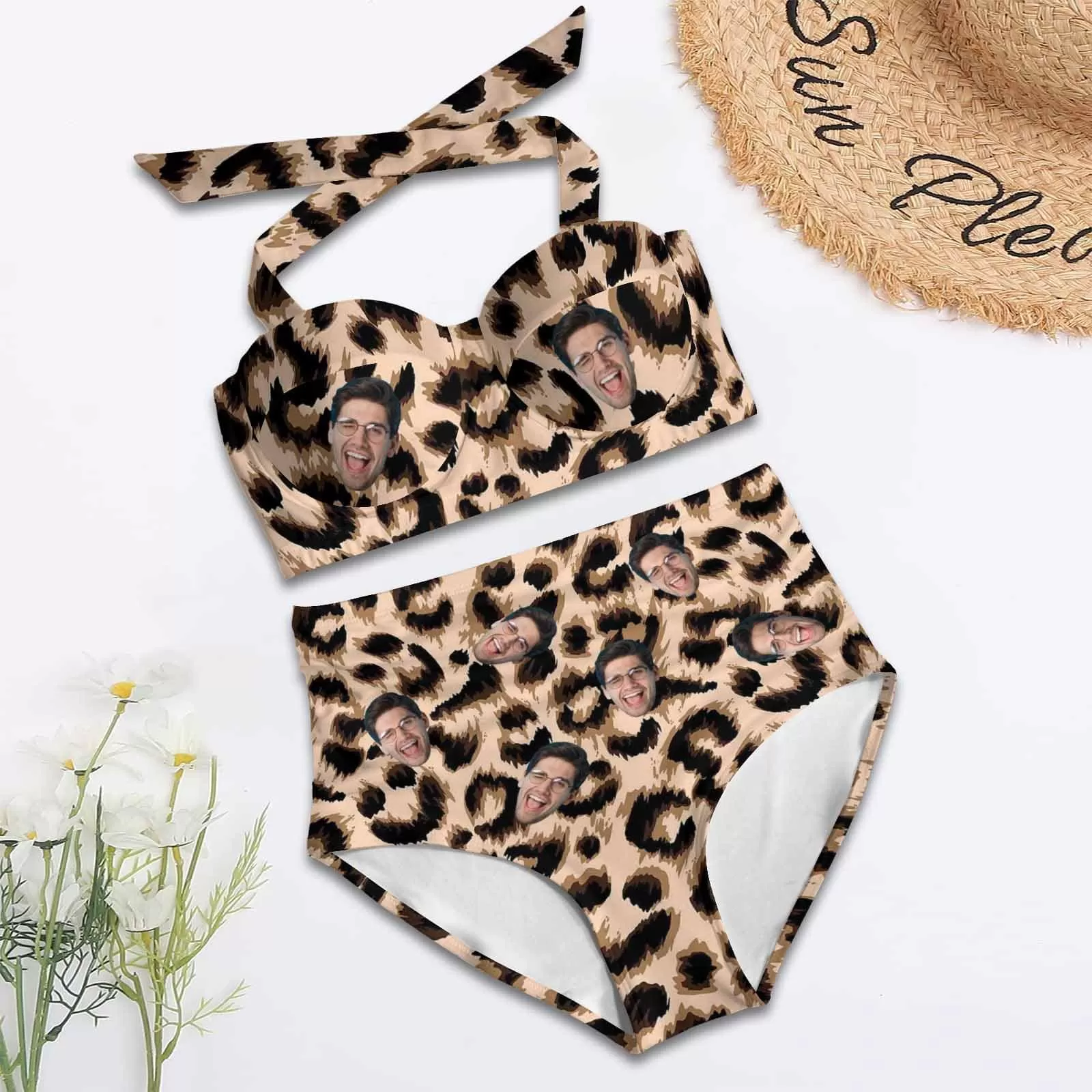 Custom Face Sexy Leopard Women's Bikini Swimsuit Long Short Kimono Chiffon Blouse Set