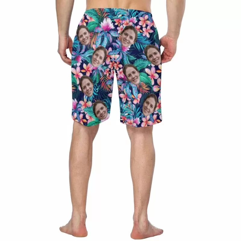 Custom Face Tropical Plants Couple Matching Beach Shorts Personalized Men's Elastic Beach Shorts&Women's Mid-Length Board Shorts Swim Trunks