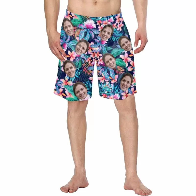 Custom Face Tropical Plants Couple Matching Beach Shorts Personalized Men's Elastic Beach Shorts&Women's Mid-Length Board Shorts Swim Trunks