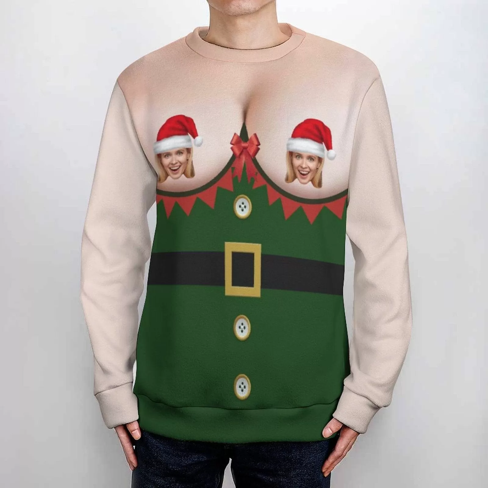 Custom Face Ugly Sweater Santa Hat Green Round Neck Sweater for Christmas