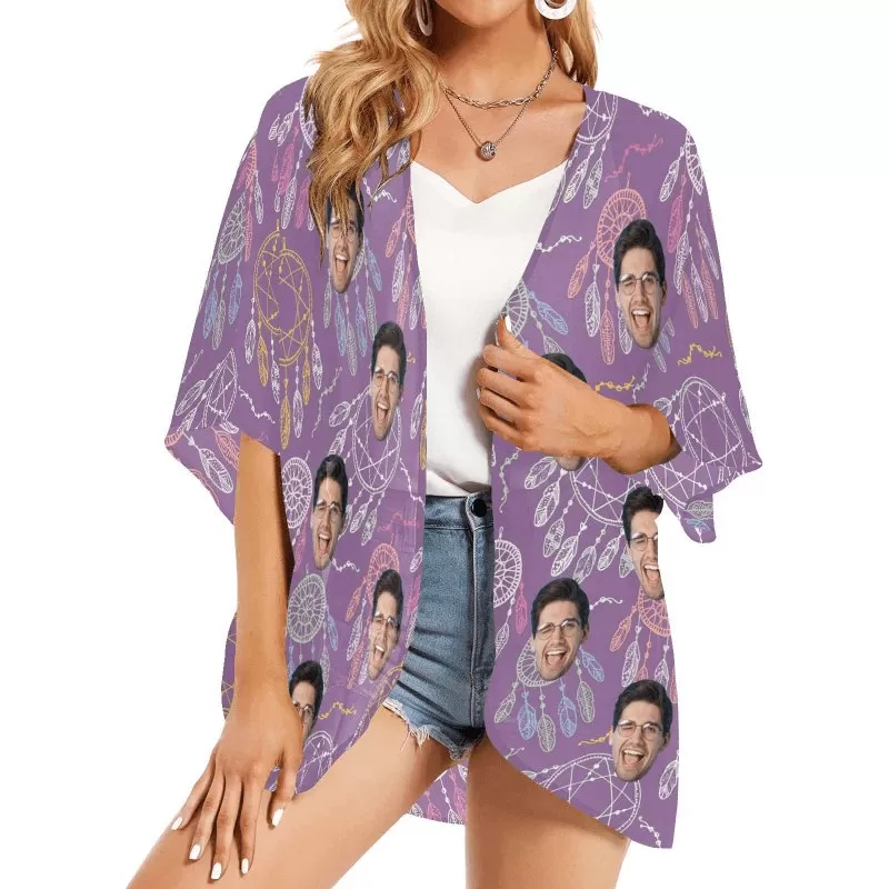 Custom Face Wind Chime Purple Personalized Women's Kimono Chiffon Cover Up