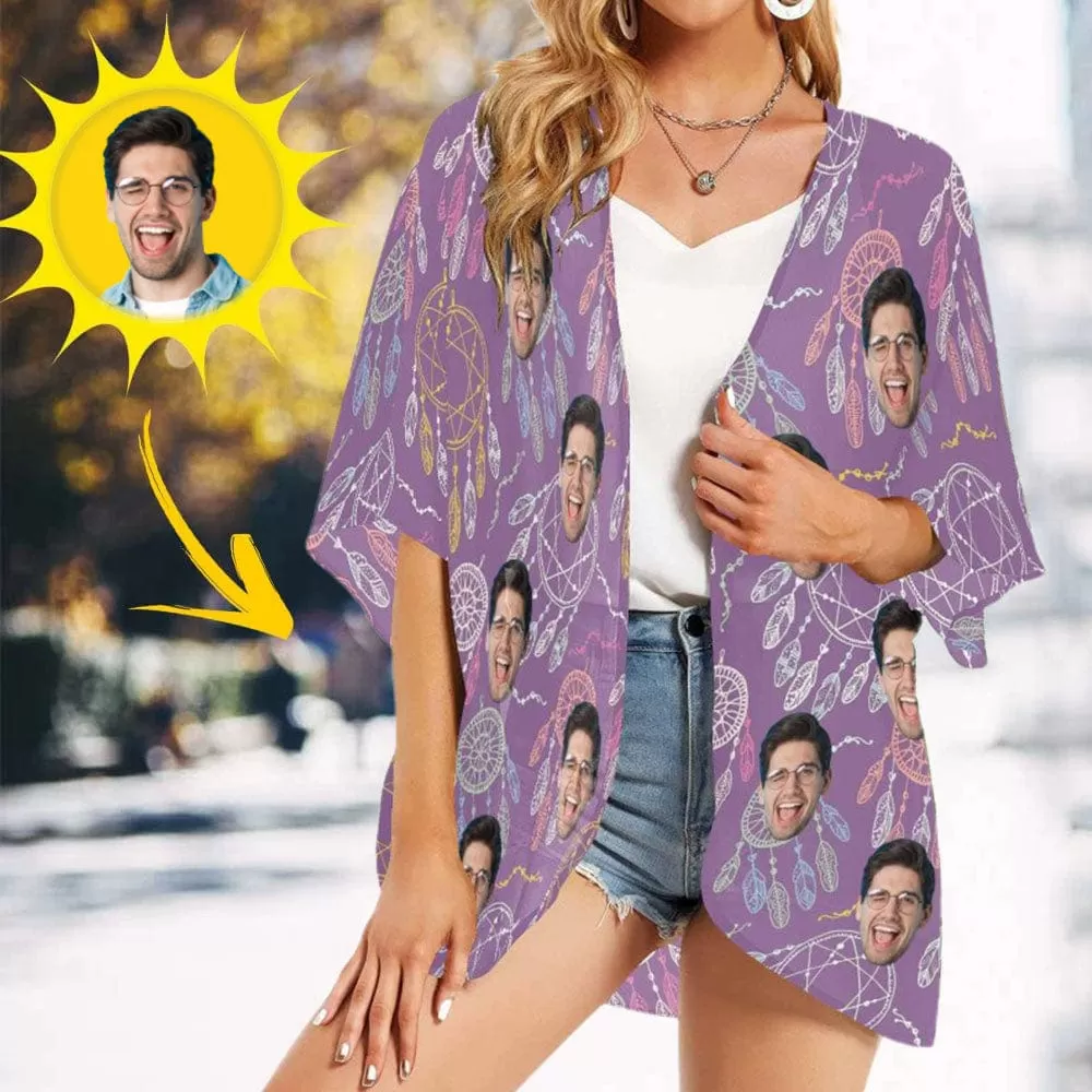 Custom Face Wind Chime Purple Personalized Women's Kimono Chiffon Cover Up