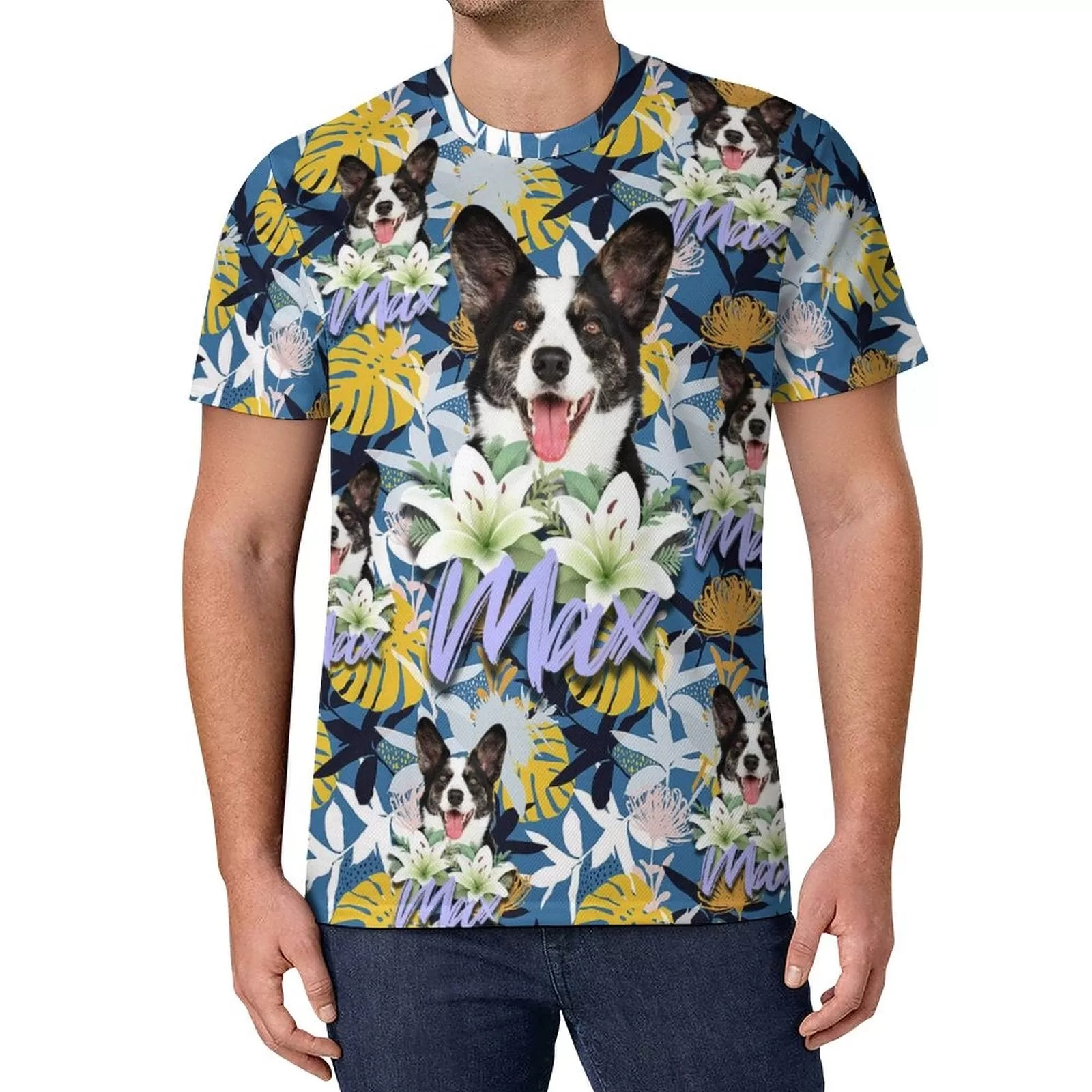 Custom Pet Photo&Name Flowers and Plants Vacation Casual T-Shirt Men's Tops