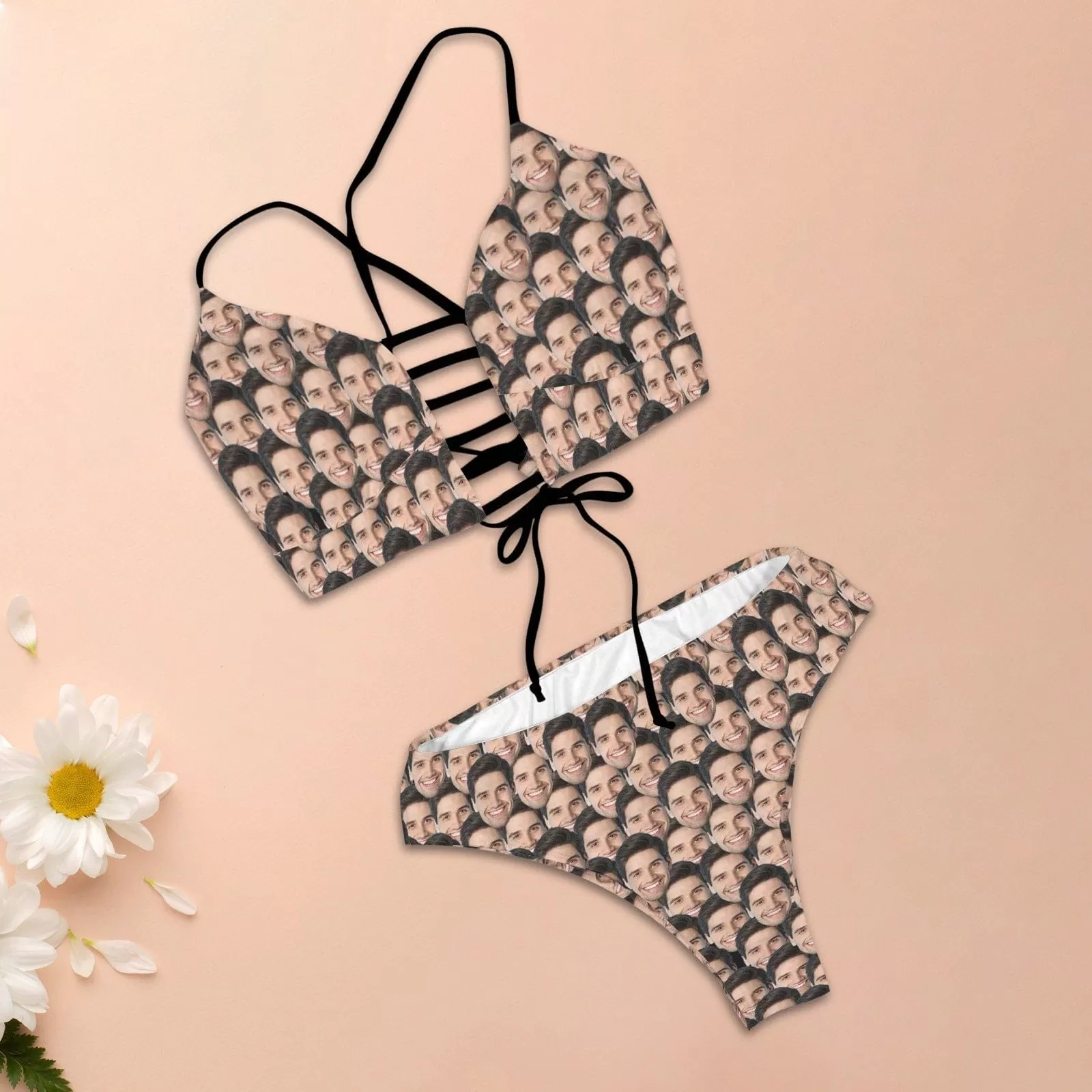 Custom Seamless Face Tie Cutout Bikini Set Personalized Low Waisted Bikini Swimsuit Beach Outfits