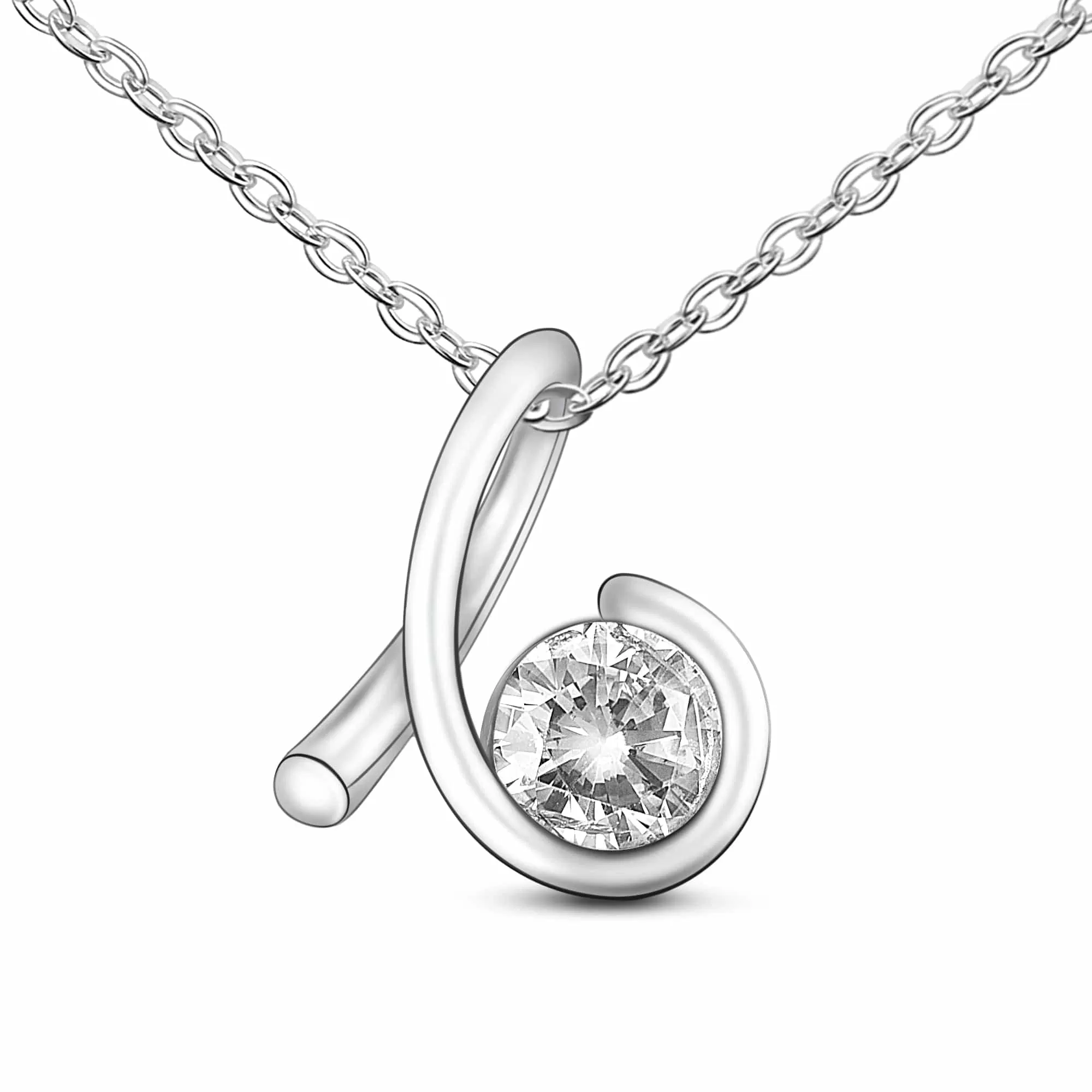 CZ Twist Swirl Tear Drop Necklace Silver