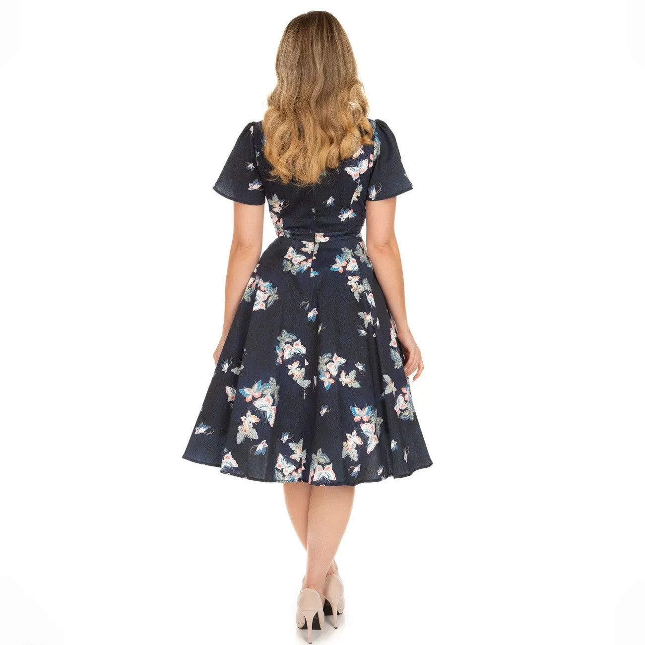 Dark Blue Butterfly Print Sweetheart Neckline Rockabilly 50s Swing Dress w/ Pockets