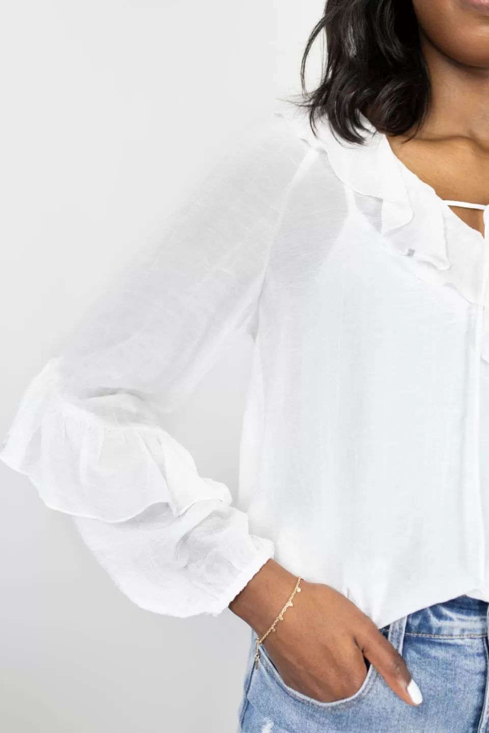 Day Dream Ivory Textured Frill Neck LS Top