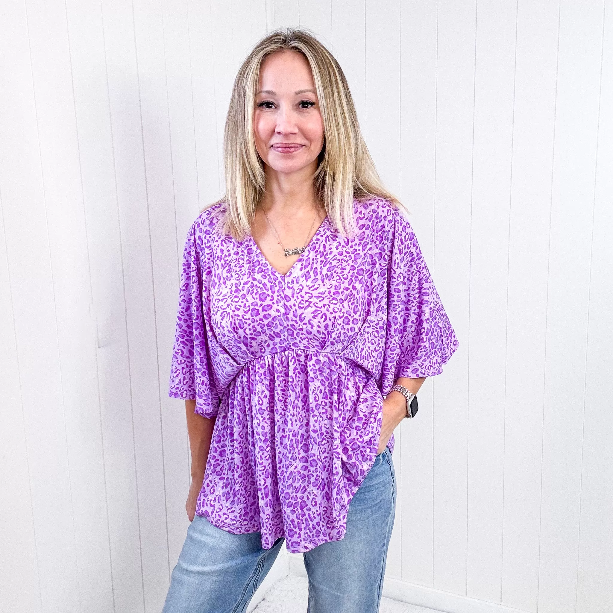 Dear Scarlett Dreamer Peplum Top in Lavender Leopard Print